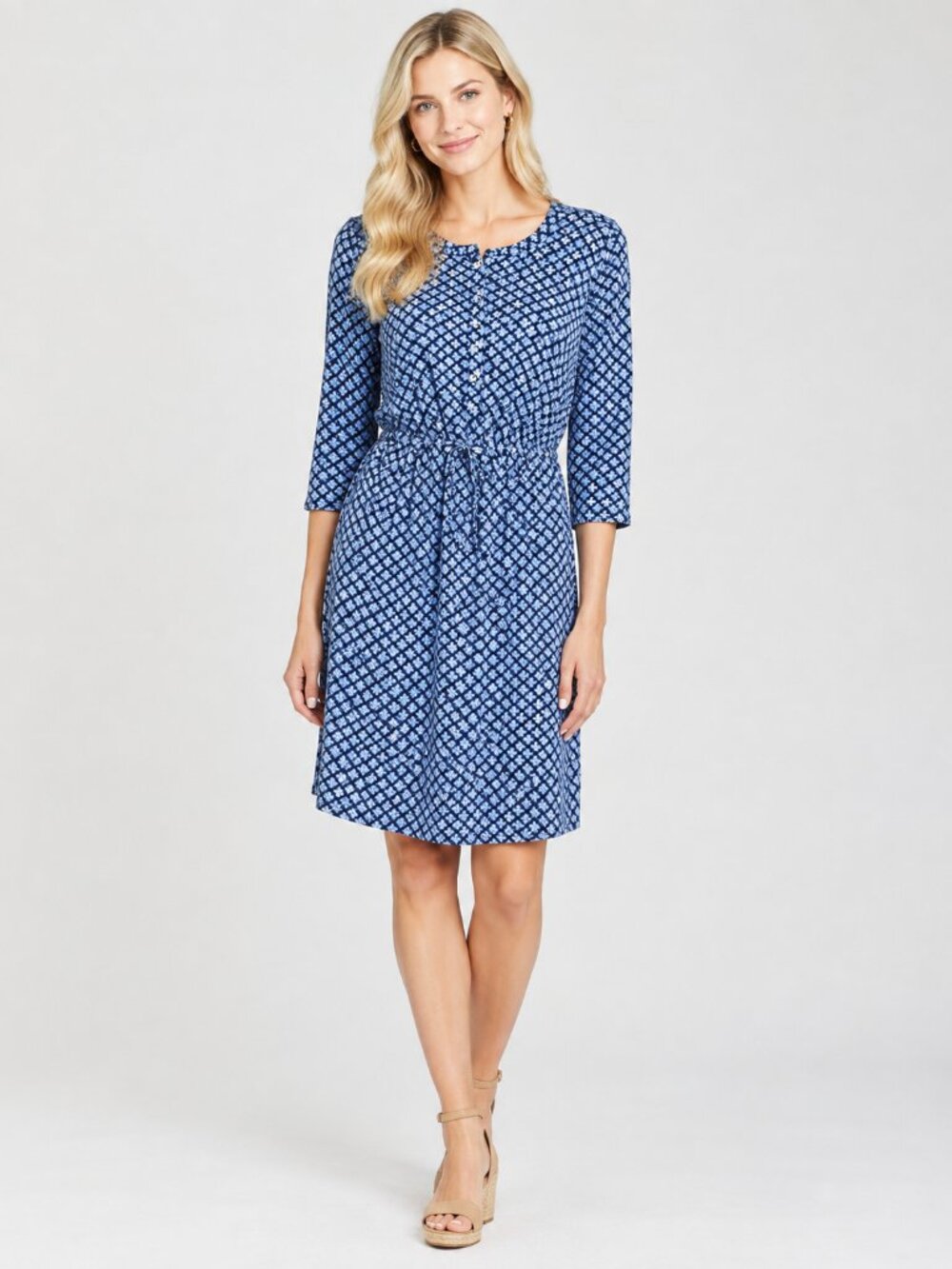 2/$30 Lands' End Clover Print Popover Sheath Dress Navy White Small #A4776